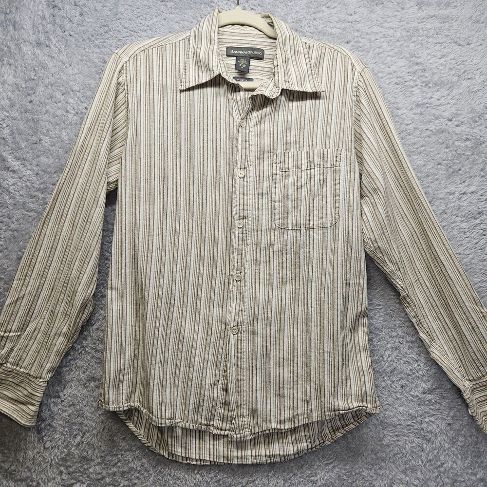 Banana Republic Mens Tan Muscle Button Up Shirt Medium Stripe Longsleeve Cotton
